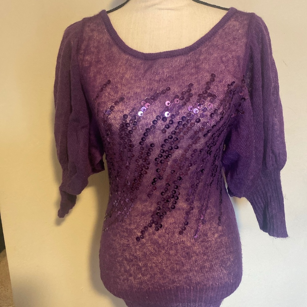Bebe Purple Sequin Sheer Knit Top – Size Medium